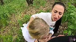 amateur ffm threesome slurps huge cocks outdoors with sloppy mouthful cum