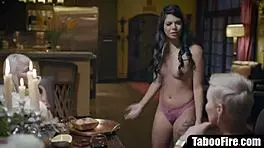 Stepmom seduces young brunette with lesbian fingering and licks in front of friends