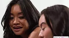 lesbian babe swaps spit then licks big tits milf's pussy