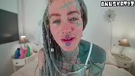 heavily inked goth teen fucks herself deep with huge dildo on bed