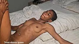 Petite ebony teen rides big black cock squirting garage style