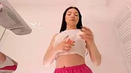 Stunning college coed flashes white panties in short miniskirt before night out