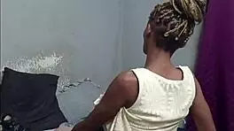 black braided babe, suck this masked man's white cock then ride it doggystyle in your yellow dress