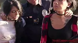 Young pierced stunners cuffed outdoors riding police cock cowgirl in rough group reality fuckfest