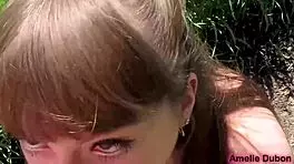 cute girl spots stranger and gives him public blowjob outdoors cum in mouth