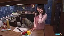 asian babe's hairy cunt devoured hungrily in steamy kitchen session