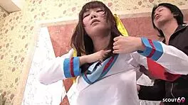 tricking petite japanese cosplay babe into raw defloration creampie ride