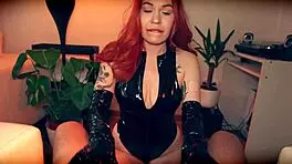 Redhead milf in latex gloves deepthroats huge cock slaps balls exploding cumshot