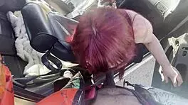 Old teacher slurps my huge black cock sloppy in public car blowjob