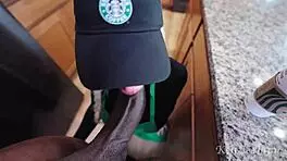 busty barista drenches bbc with squirts then gulps cum on shift