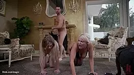 Butler pounds mature babe and her petite partner in kinky threesome!