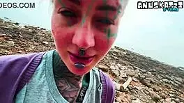 Skinny goth punk gives sloppy public blowjob facial cumshot outdoors