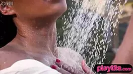 stunning slender ebony beauty strips outdoors then showers sensually