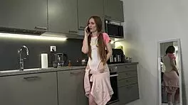 yay parents gone, redhead slut deepthroats huge cock for facial cumshot