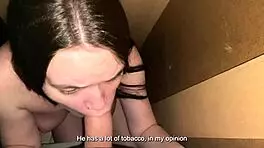 nervous girl hides in closet but ends up slurping on huge cock keeping her mouth busy