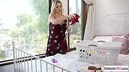 lesbian teen rams dildo deep into big tits milf's wet hole