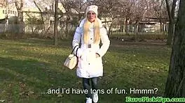 Amateur blonde neighbor flashes tits outdoors then fucks for cash in public reality pov