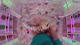 Tiny blonde teen shaved pussy rides big cock cowgirl deep