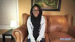 Nerdy brunette's ass and shaved pussy banged hard interracial with cum swallow