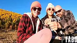 blonde and brunette babes rip clothes for outdoor group fun