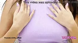 sexy brunette teen flaunts her perfect natural boobs up close on sofa