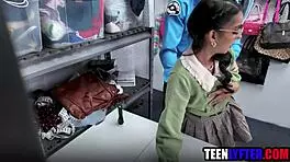 Geeky tanned brunette student shoplifter with glasses fucked sloppy hardcore for books