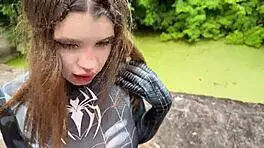 Alt spider-man suit girl railed every hole abandoned building