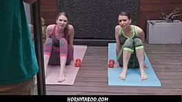 twin petite skinny girls yoga leads to steamy threesome fuck