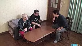 three fat guys chat then toy with stunning babe