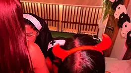 Tiazinhah's Halloween Lesbian Lickfest with Wet Friends in Costumes