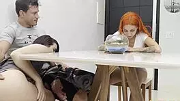 slid right into her tight ass while girlfriend cooked in sheer lingerie