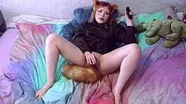 A cute fox girl cosplay solo: deepthroat gagging on toy then intense penetration orgasm 😍🦊