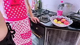 horny mature latina sneaks kitchen fuck with stud while clueless husband watches tv