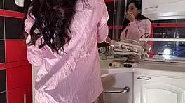 Cute Petite Brunette Teases Panties Legs Bathroom Night Prep