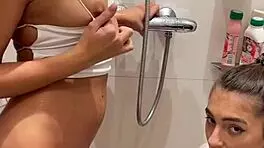 lesbian shower turns sloppy double blowjob cum swap pov