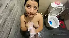 Big natural tits babe strokes huge cock in steamy shower