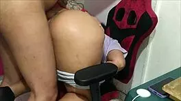 brunette latina babe bent over office desk doggystyle big cock closeup pounding