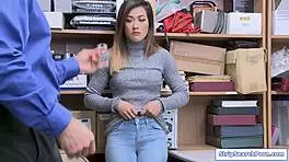 Security guard rips clothes off teen shoplifter for rough office cock sucking