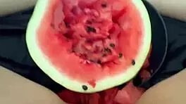 arab teen stuffs watermelon in tight pussy squirting