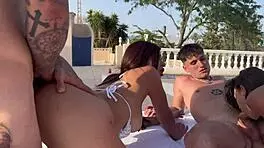 Pool orgy explodes with double penetration pounding every slut