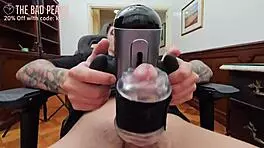 Neighbor girl next door babe tests handy stroker toy on her wet pussy while licking big cock to orgasm