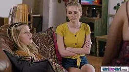 Petite milf leads group licking and pussy play session