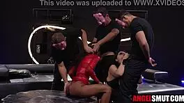 ebony teen roughly gangbanged by group in hardcore orgy action