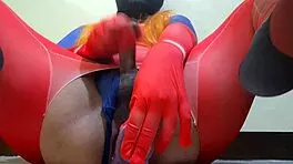 silly redhead sissy jerks cock with dildo deep in ass cosplay