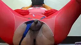 silly redhead sissy jerks cock with dildo deep in ass cosplay