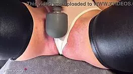 Big vibrator pulses clitoris making juicy pussy squirt orgasm close-up