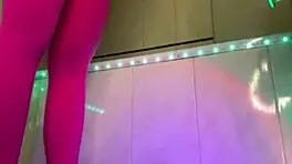 Hey, watch this horny bbw squirt hard fingering wet pussy through pink leggings up close!