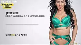 Horny maid queenie sateen worships voyeur's throbbing cock intimately