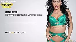 Horny maid queenie sateen worships voyeur's throbbing cock intimately