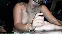 geraldine sucks cock hard and swallows cum in dj booth